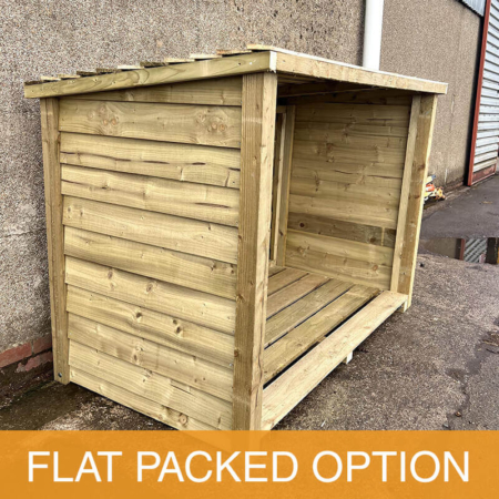 Angus Logs - Giant Log Store from an angle showing the open front, slatted timber base, with feather edge board sides and roof
